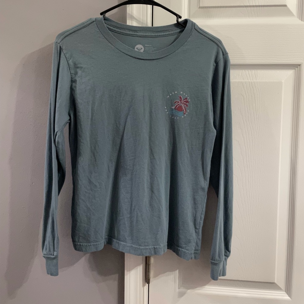Roxy Long Sleeve Tee in Dusty Blue with Pink Palm Graphic